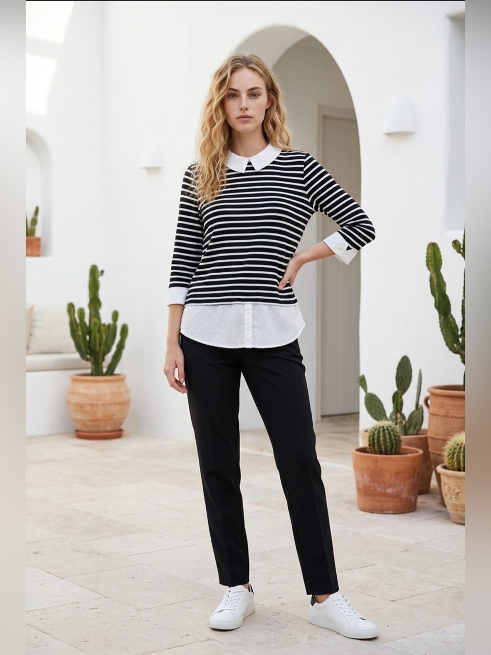 ELLE Women’s Black & White Striped Collared Button Tunic Blouse Short Sleeve.
